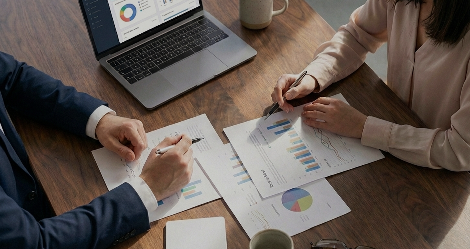 서류를 검토하며 협업 중인 비즈니스 현장